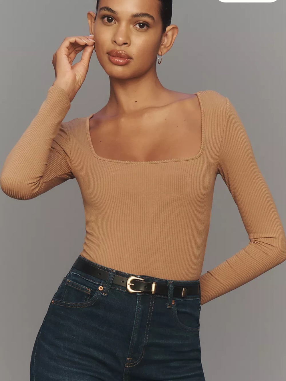 L*Space Amore Ribbed Bodysuit Camel Square Neck Long Sleeve Medium NWT $125